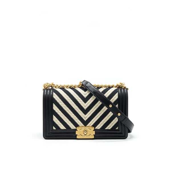 CHANEL TWEED MEDIUM LE BOY CHEVRON BLACK AND WHITE GHW