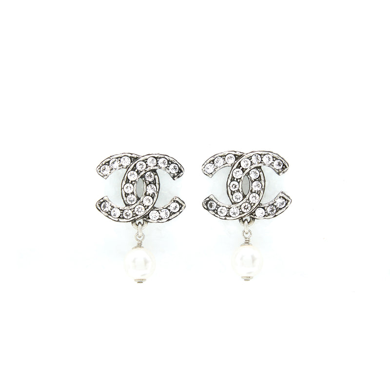 Chanel Crystal CC Earrings With Dropping Pearl SHW