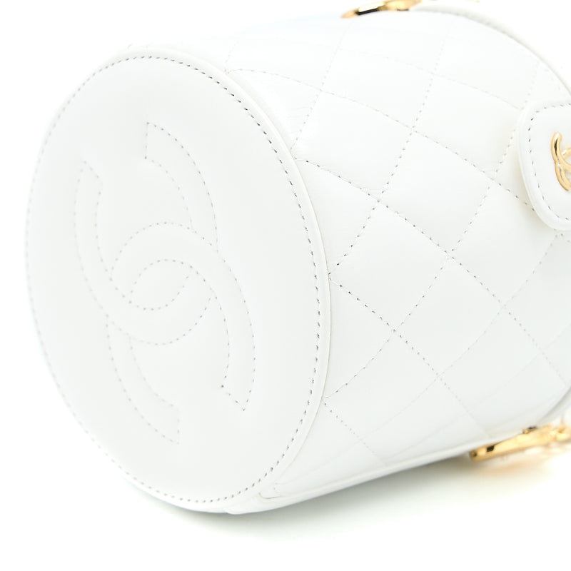 Chanel Top Handle Round Vanity with Chain Lambskin White GHW (Microchip)