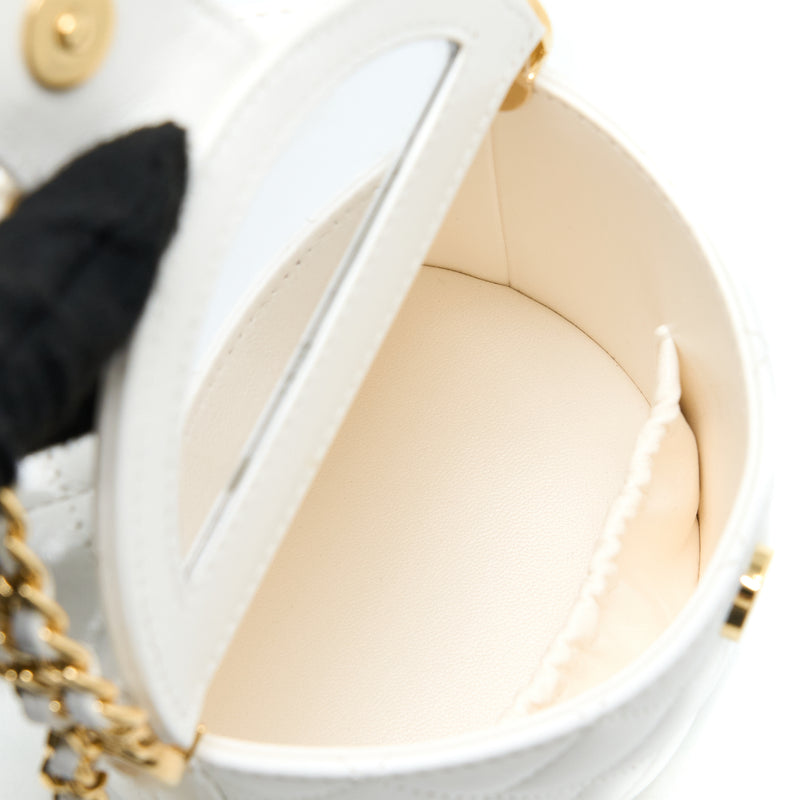 Chanel Top Handle Round Vanity with Chain Lambskin White GHW (Microchip)