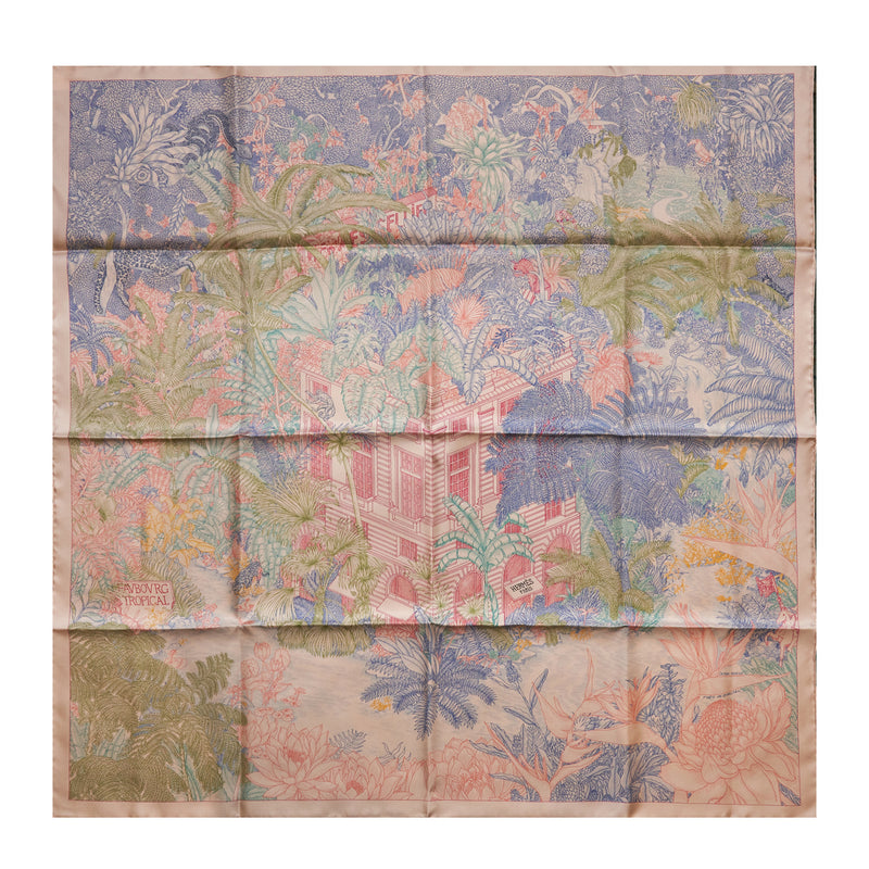 Hermes 90x90cm Slik Scarf Faubourg Tropical Rose/Bleu Jean
