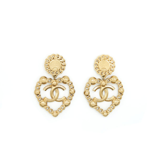 Chanel CC And Heart Giant Earrings Gold Tone