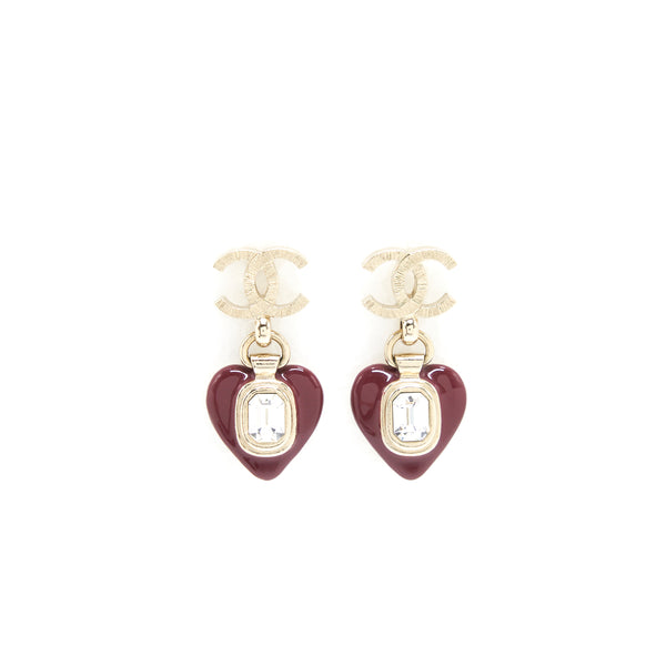 Chanel CC Logo And Heart Earrings Red And Light Gold Tone