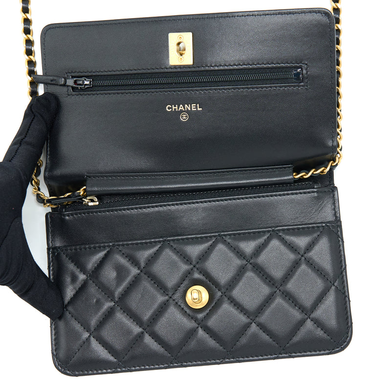 Chanel 21S Wallet On Chain With Pearl/CC logo Round Handle Lambskin Black Brushed GHW