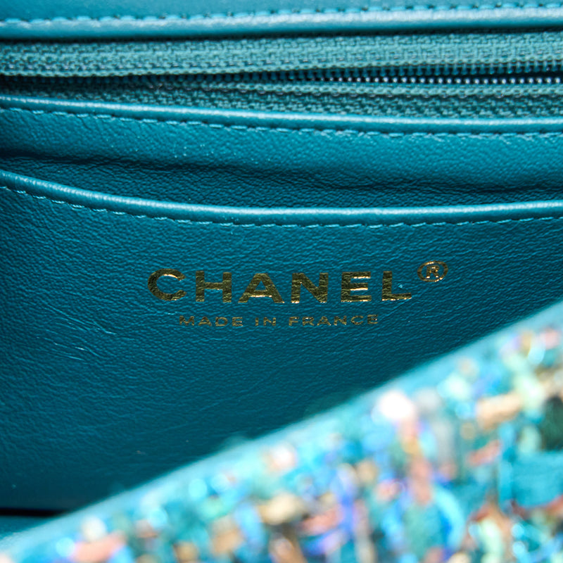 Chanel Mini Rectangular Flap Bag Tweed Multicolor Green LGHW