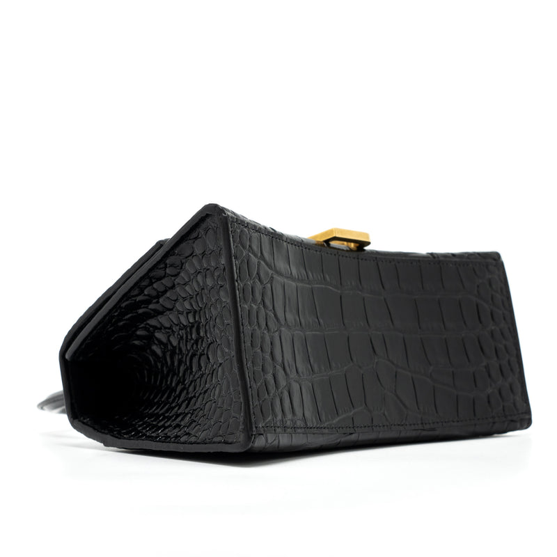 Balenciaga Hourglass Small Handbag Croc Embossed Calfskin Black GHW