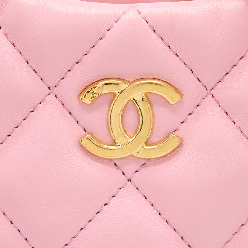 Chanel 22K Hobo Bag Logo Chain Lambskin Pink GHW (Microchip)