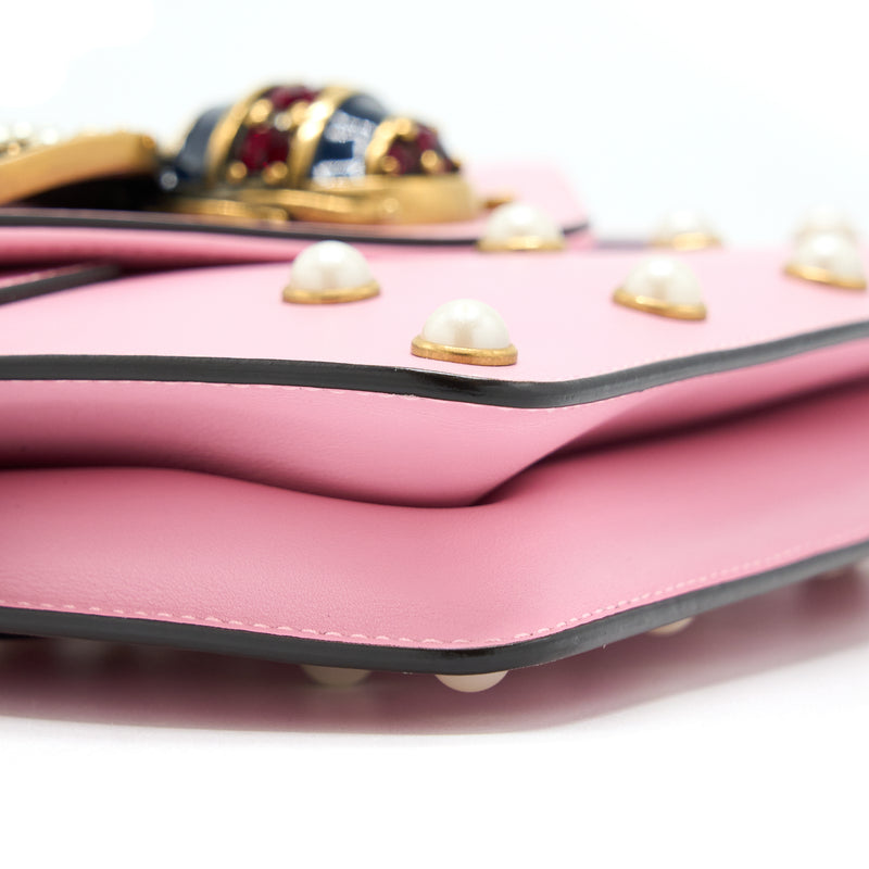 Gucci Pearl Studded Mini Broadway Bee Shoulder Bag Pink GHW