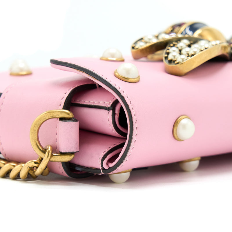 Gucci Pearl Studded Mini Broadway Bee Shoulder Bag Pink GHW