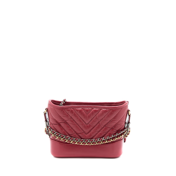 Chanel Small Gabrielle Hobo Bag Chevron Calfskin Red Multicolour Hardware