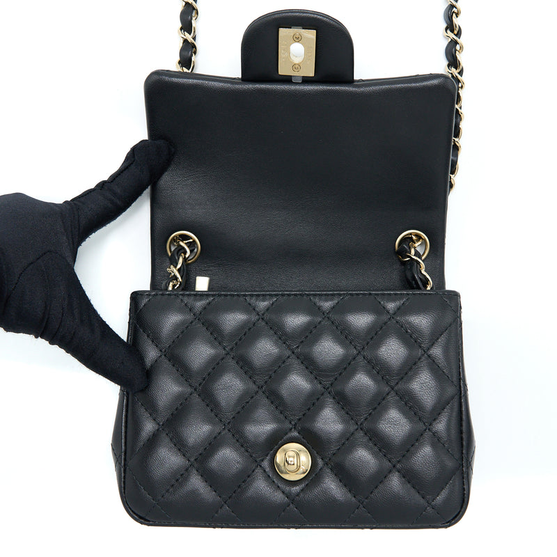 Chanel Classic Mini Square Flap Bag Lambskin Black LGHW (Microchip)