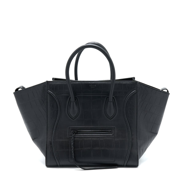 Celine Large Phantom Luggage Bag Croc-Embossed Calfskin Black