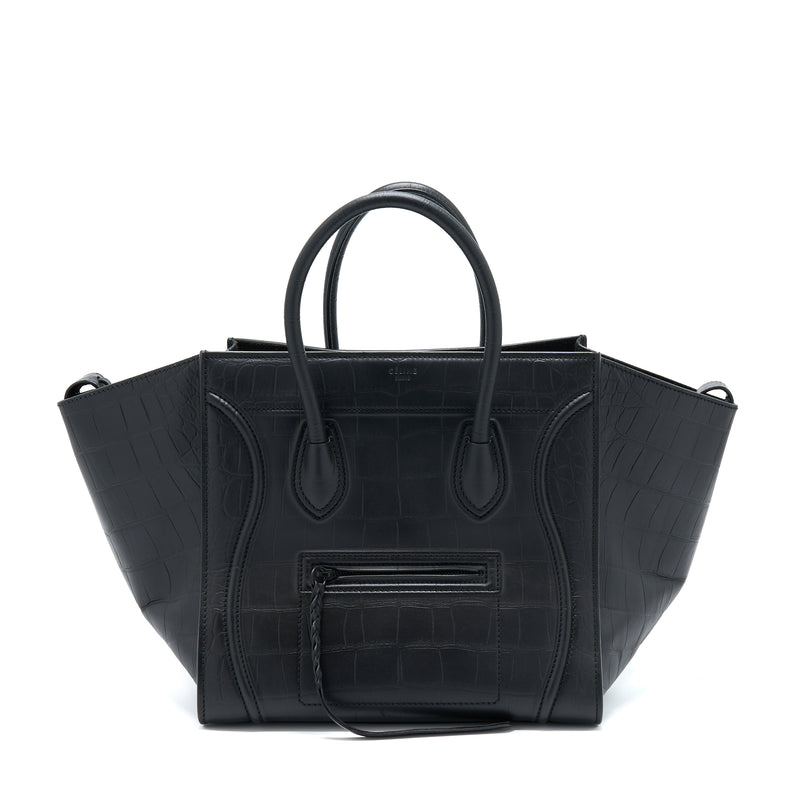 Celine Large Phantom Luggage Bag Croc-Embossed Calfskin Black