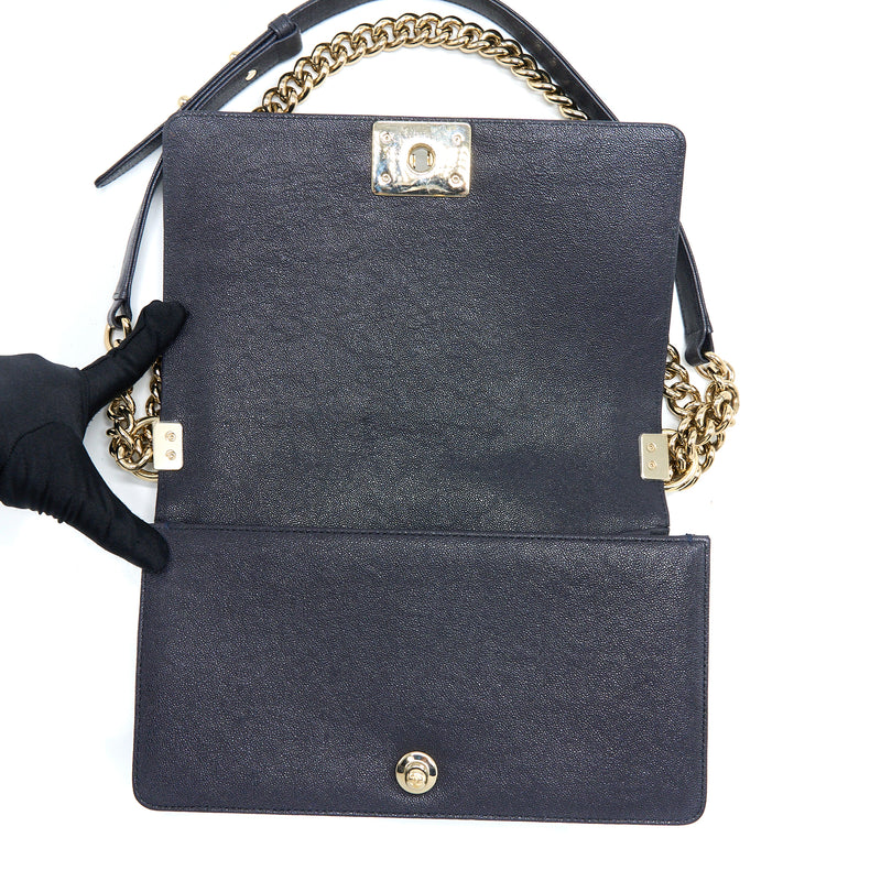 Chanel Medium Boy Bag Grained Calfskin Dark Blue LGHW