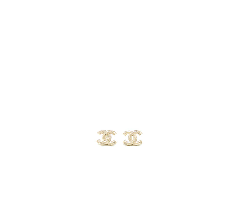 Chanel 22K Small CC Logo Earrings Light Gold Tone