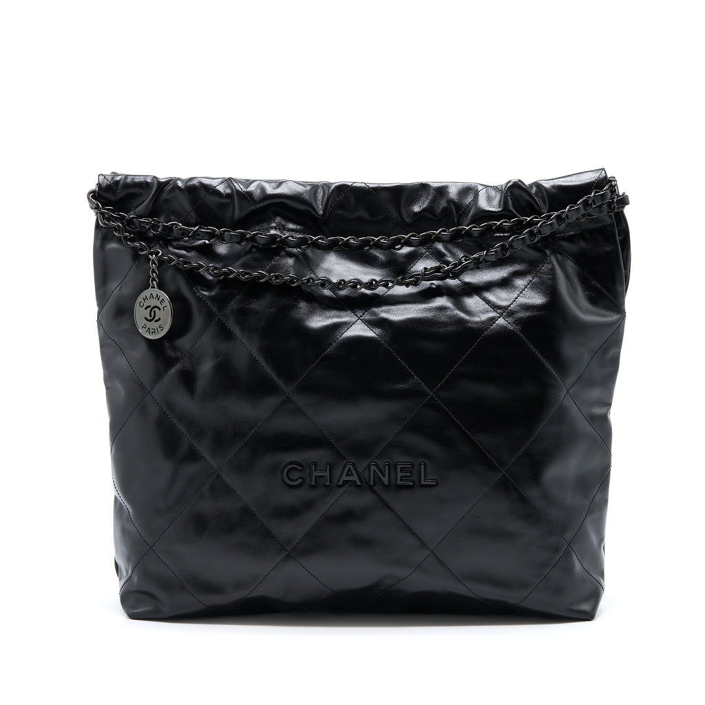 So Black Calfskin Quilted Drawstring 22 Bag small Black Hardware