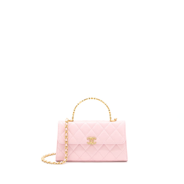 Chanel 22B Flap Bag Enamel/CC Logo Top Handle Lambskin NJ523 Light Pink Brushed GHW