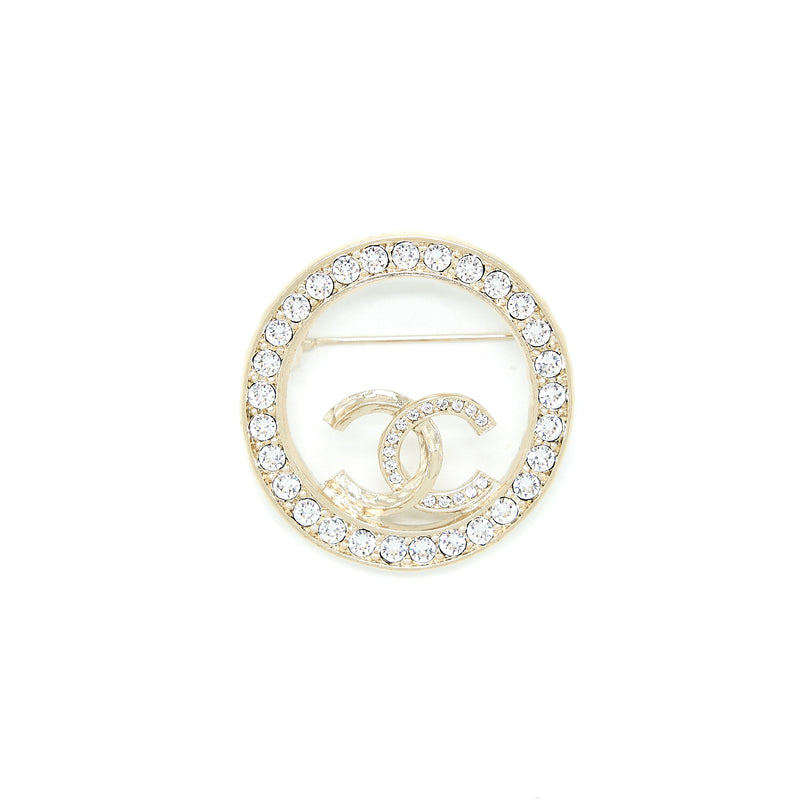 Chanel Round CC Logo Brooch Crystal Light Gold Tone
