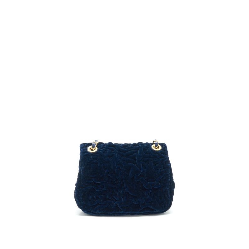 Chanel Velvet Camellia Embossed Mini Square Flap Bag Navy GHW (Microchip)