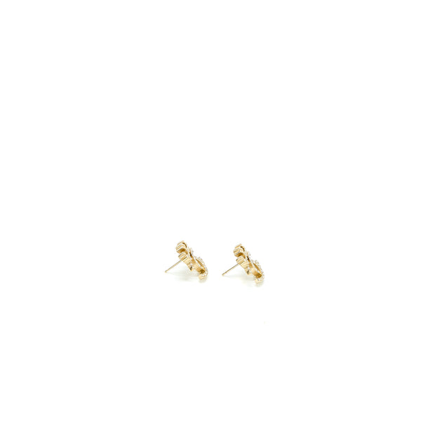 Chanel Crown CC Logo Earrings Crystal Light Gold Tone
