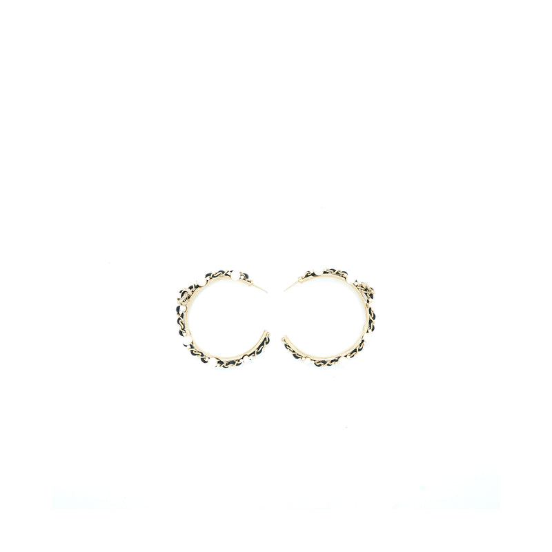 Chanel CC Logo Hoop Earrings Leather Chain/Pearl/Light Gold Tone