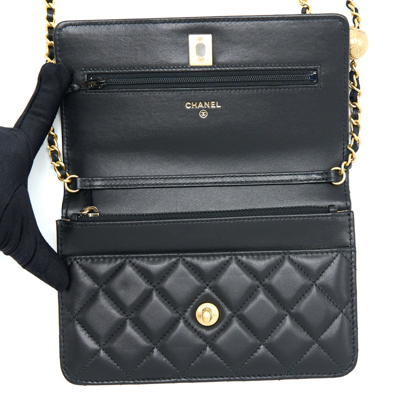 Chanel 22B Pearl Crush Wallet On Chain Lambskin Black GHW (Microchip)