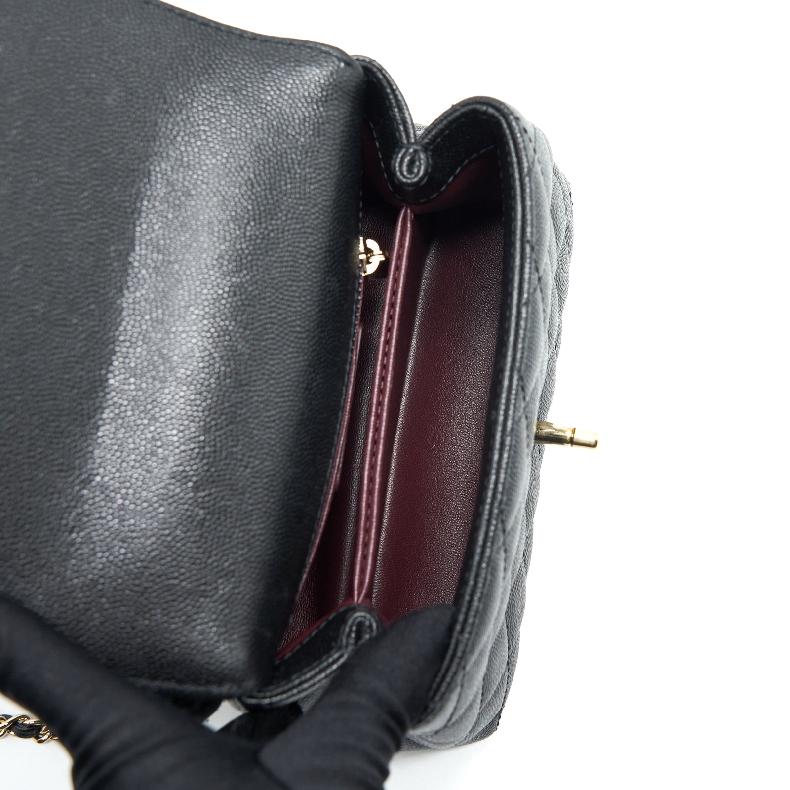 Chanel Mini Coco Handle Flap Bag Caviar Black With Burgundy