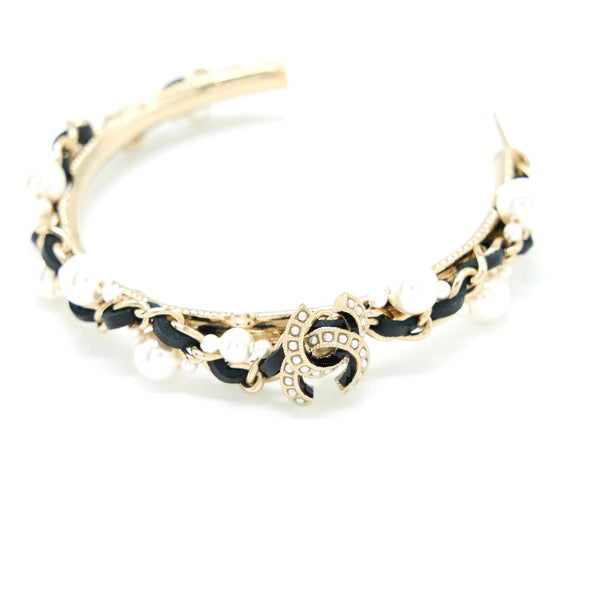 Chanel CC Logo Hoop Earrings Leather Chain/Pearl/Light Gold Tone