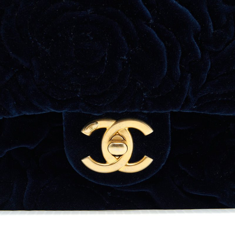 Chanel Velvet Camellia Embossed Mini Square Flap Bag Navy GHW (Microchip)