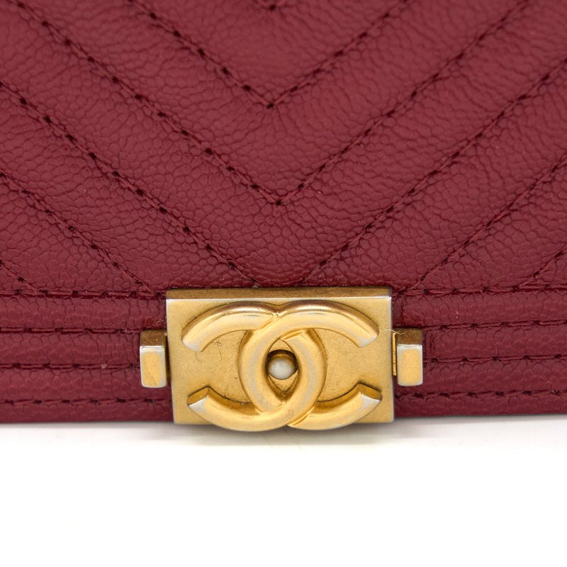 Chanel 19A Boy Wallet on Chain Red Caviar with brushed gold hardware