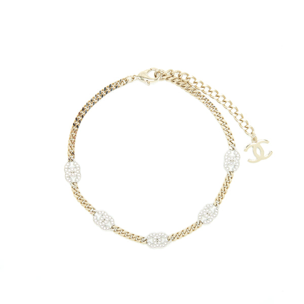 Chanel Mini CC Logo Choker / Double Chain Bracelet Light Gold Tone