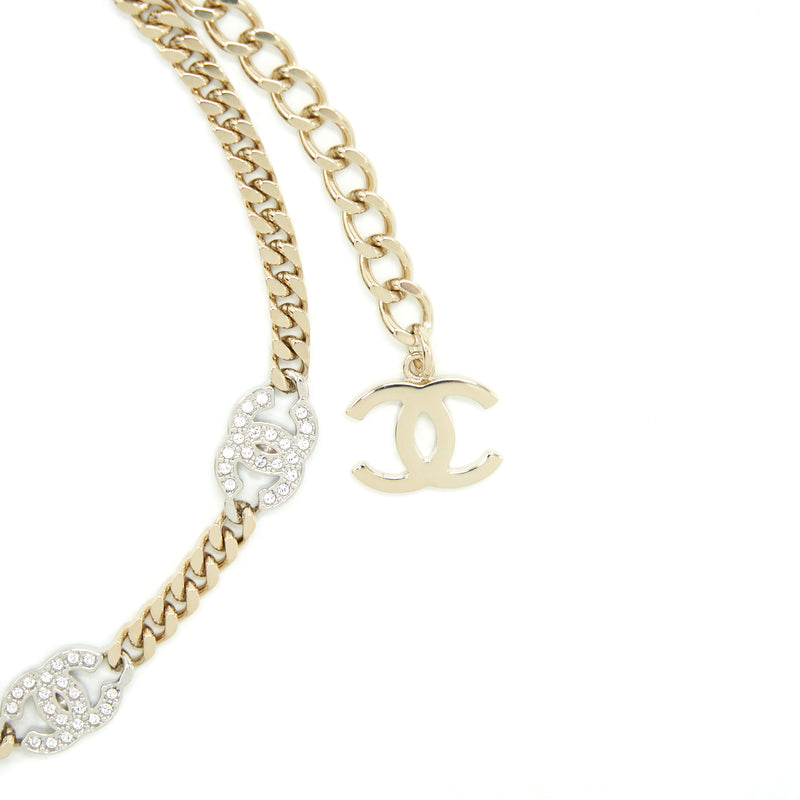 Chanel Mini CC Logo Choker / Double Chain Bracelet Light Gold Tone