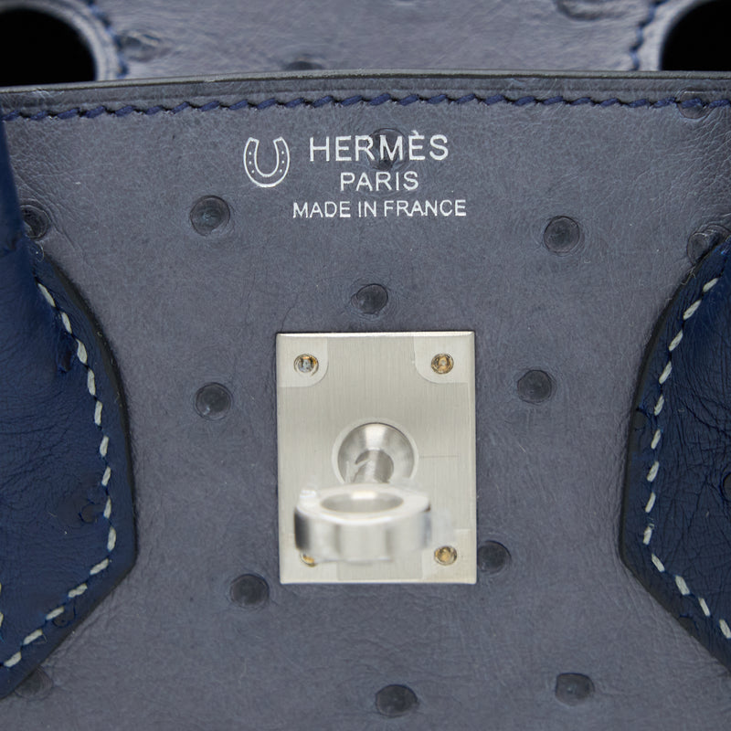 Hermes Birkin 25 Special Order Ostrich Gris Agate/Blue Iris Brushed SHW Stamp Z