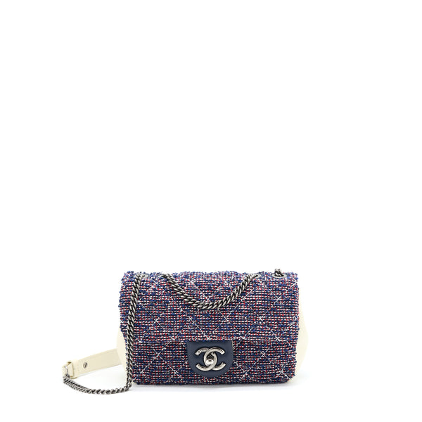 Chanel Seasonal Mini Rectangular Flap Bag Tweed Blue/ Red/ White Ruthenium Hardware