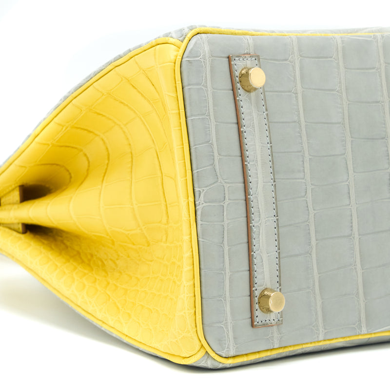 Hermes Birkin 30 Special Order Alligator Mississippiensis Mat Gris Perle/Mimosa LGHW Stamp D