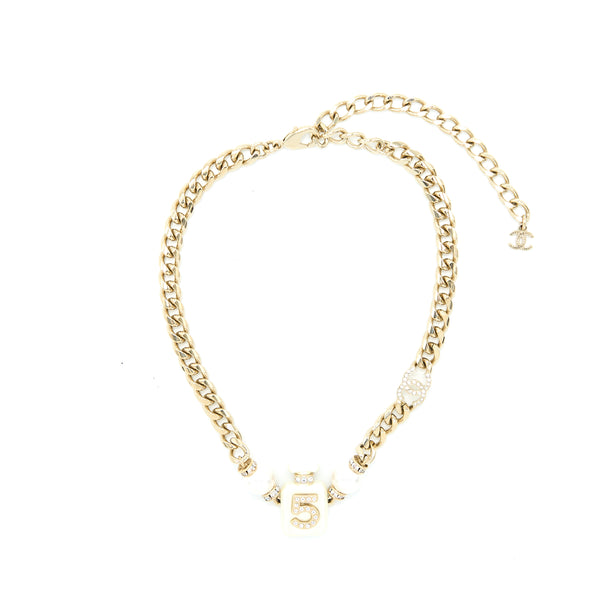 Chanel No.5 Perfume Bottle Chocker/ Necklace Crystal/Pearl Light Gold Tone