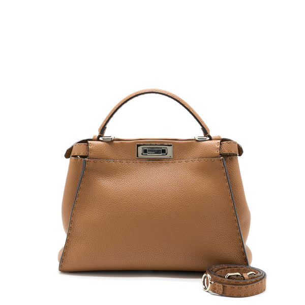 Fendi Medium Peekaboo Tote Bag Grained Calfskin Caramel SHW