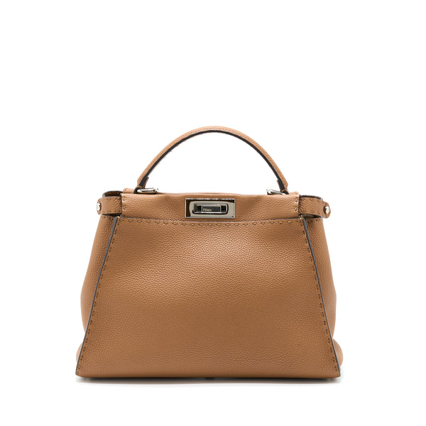 Fendi Medium Peekaboo Tote Bag Grained Calfskin Caramel SHW