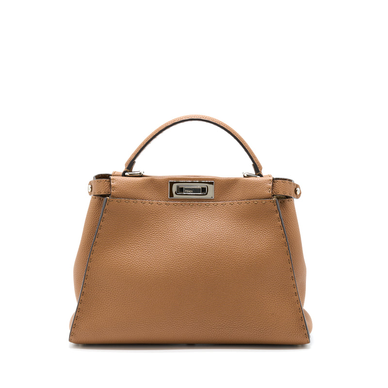 Fendi Medium Peekaboo Tote Bag Grained Calfskin Caramel SHW