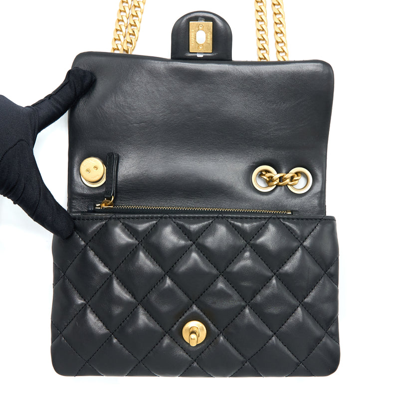 Chanel 22K Gold Pillar Adjustment Chain Flap Bag Lambskin Black GHW (M