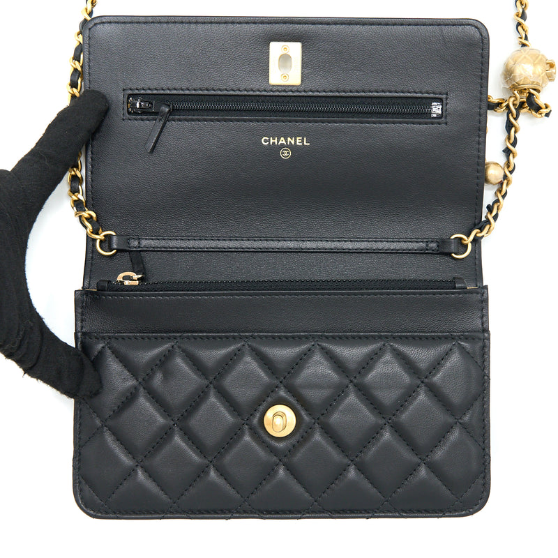 Chanel Pearl Crush Wallet On Chain Lambskin Black Brushed GHW (Microchip)