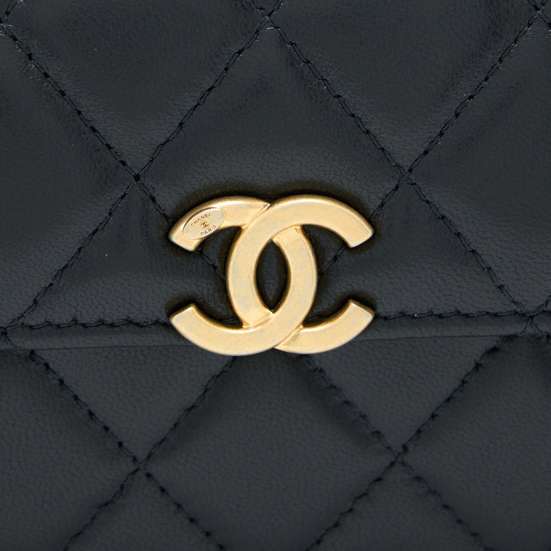 Chanel 22B Flap Bag Enamel/CC Logo Top Handle Lambskin Black Brushed GHW