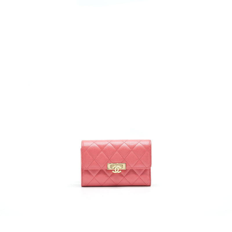 CHANEL CAVIAR FLAP WALLET ROSE PINK WITH GOLD CC LOGO