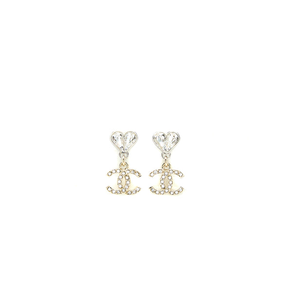Chanel Heart & CC Drop Earrings Crystal Silver Tone