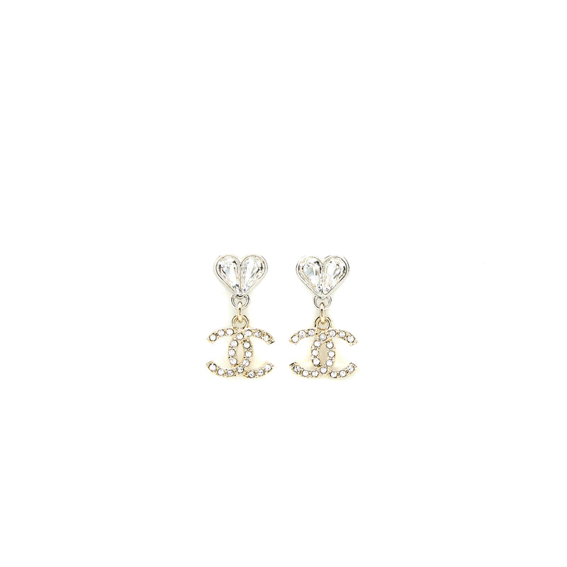 Chanel Heart & CC Drop Earrings Crystal Silver Tone