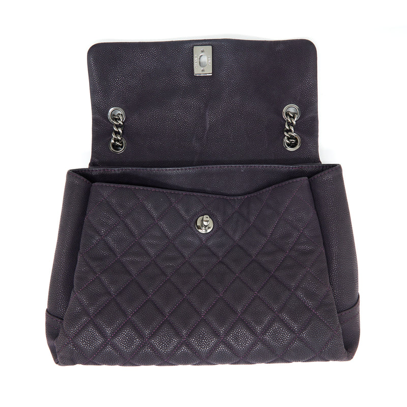 Chanel Flap Tote Bag With Chain Grained Calfskin Dark Purple SHW