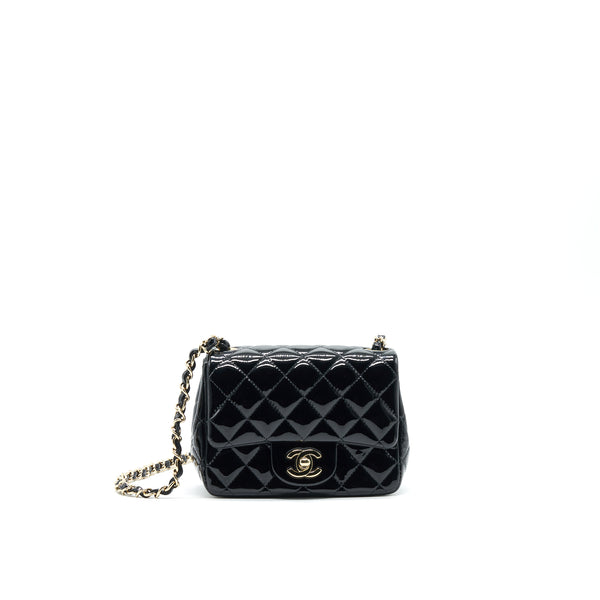 CHANEL MINI SQUARE FLAP BAG QUILTED PATENT LEATHER BLACK GHW