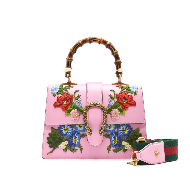 Gucci Dionysus Bamboo Top Handle Bag Embroidered Leather Medium Pink