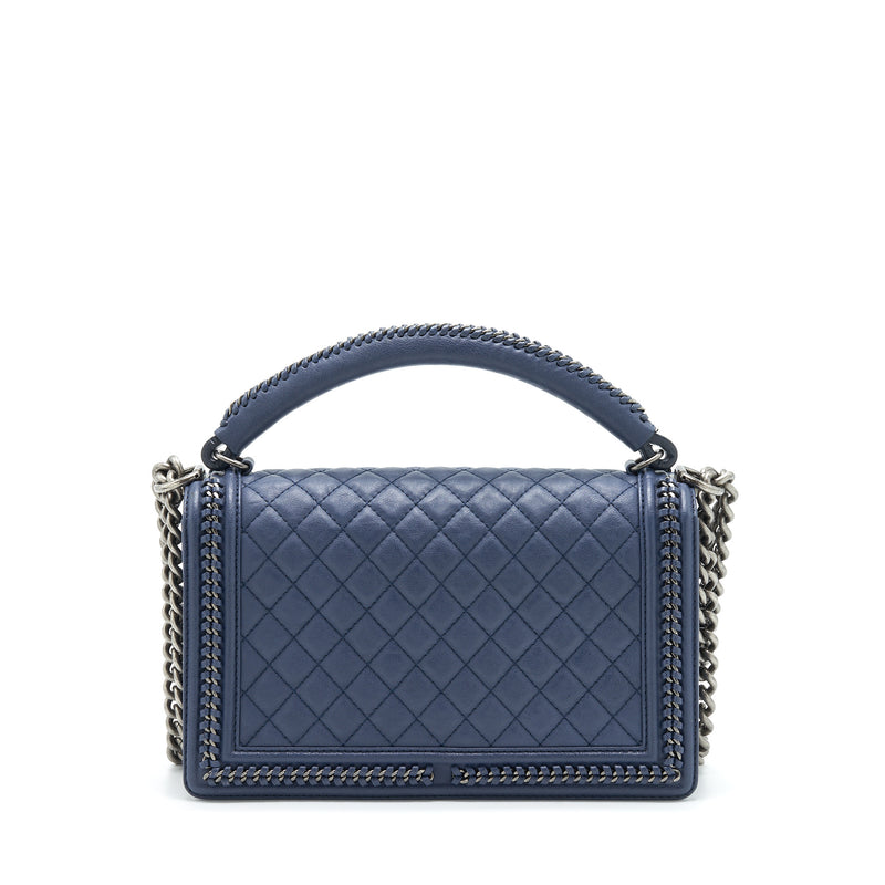 Chanel Boy Bag With Top Handle Navy Ruthenium Sliver Hardware