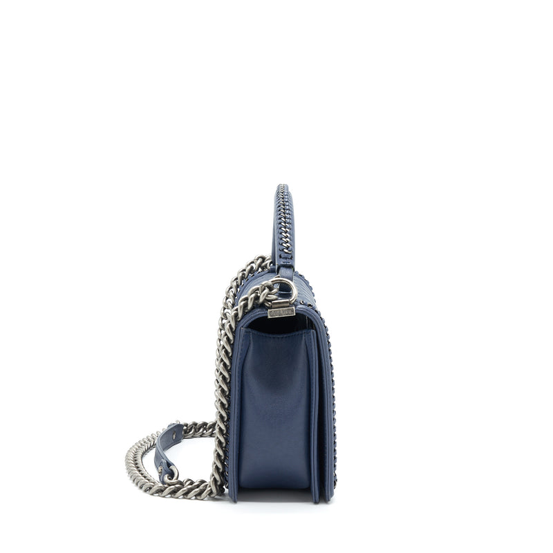 Chanel Boy Bag With Top Handle Navy Ruthenium Sliver Hardware